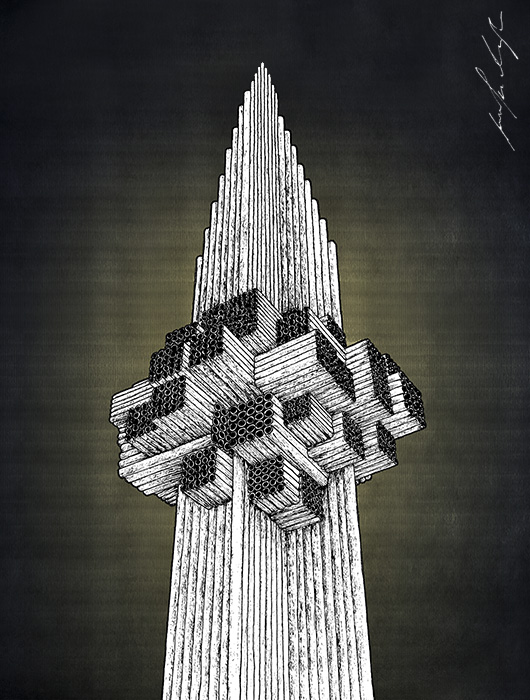 Hand-drawn illustration: Bratunac monument drawing by Jovana Radujko, brutalist architecture