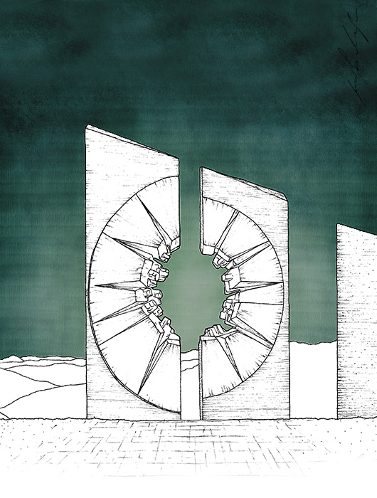 Hand-drawn illustration: Kadinjača monument drawing by Jovana Radujko, brutalist architecture