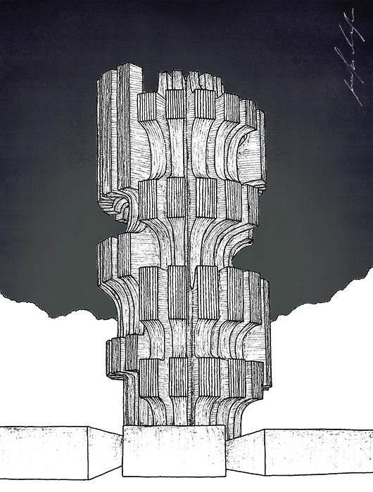 Hand-drawn illustration: Kozara monument drawing by Jovana Radujko, brutalist architecture