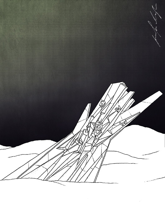 Hand-drawn illustration: Ostra monument drawing by Jovana Radujko, brutalist architecture