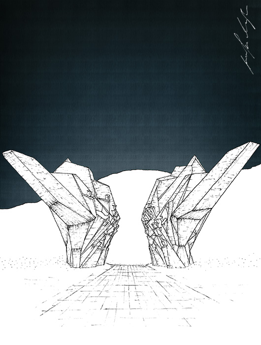 Hand-drawn illustration: Sutjeska monument drawing by Jovana Radujko, brutalist architecture