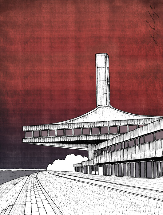 25. Maj building drawing by Jovana Radujko, brutalist architecture