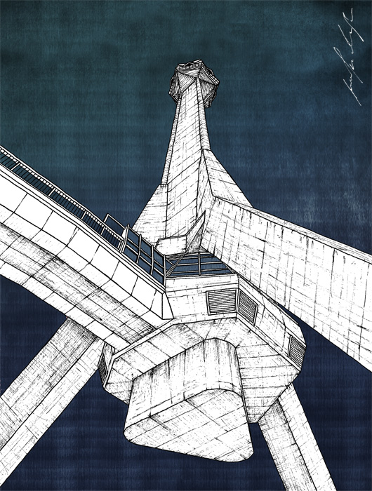Avala tower building drawing by Jovana Radujko, brutalist architecture