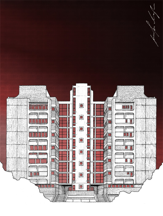 Block 29 New Belgrade building drawing by Jovana Radujko, brutalist architecture