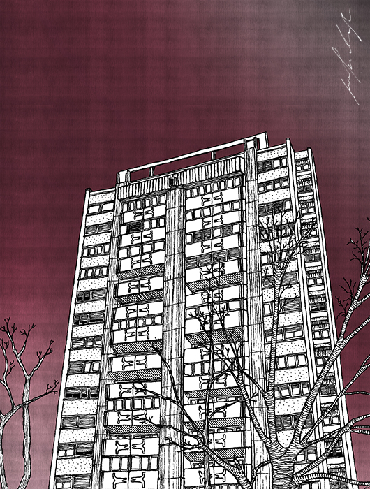 Blok 9a, New Belgrade — hand-drawn illustration by Jovana Radujko