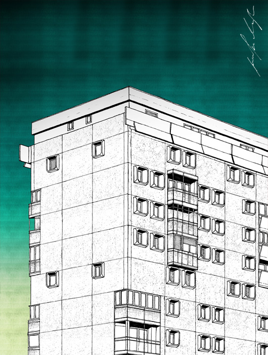 Televizorka building drawing by Jovana Radujko, brutalist architecture