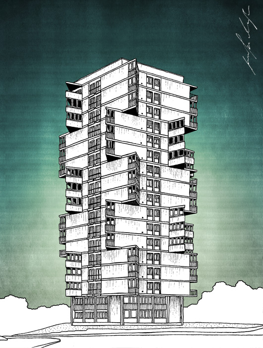 Toblerone building drawing by Jovana Radujko, brutalist architecture