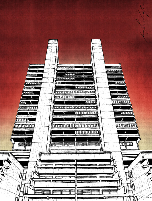 Vojvode Stepe building drawing by Jovana Radujko, brutalist architecture
